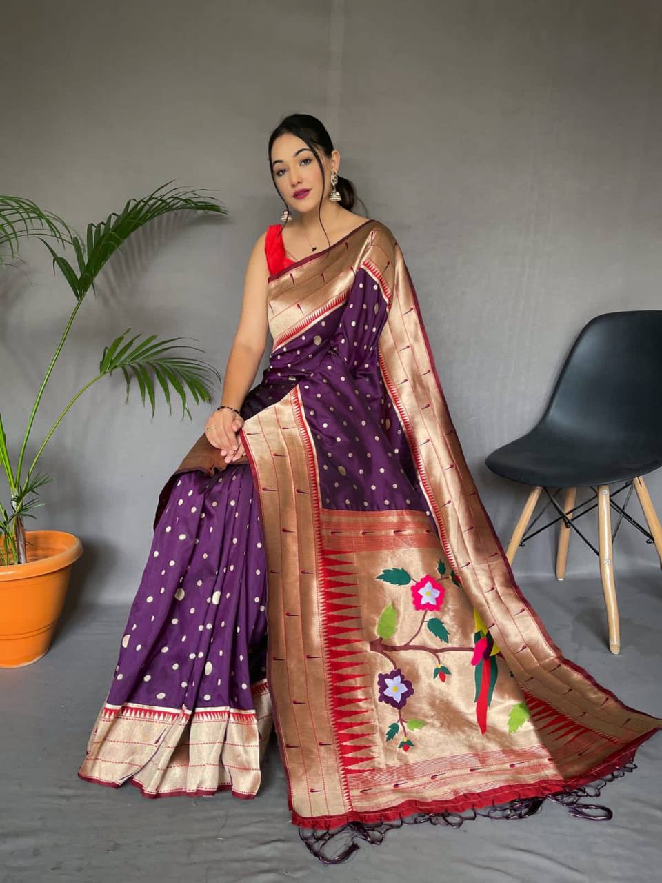 Purple Pure Polka Paithani Silk Saree