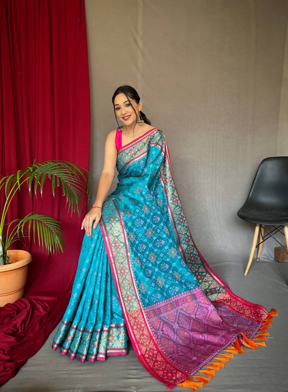 Sky Blue Soft Rangeen Patola Silk Saree
