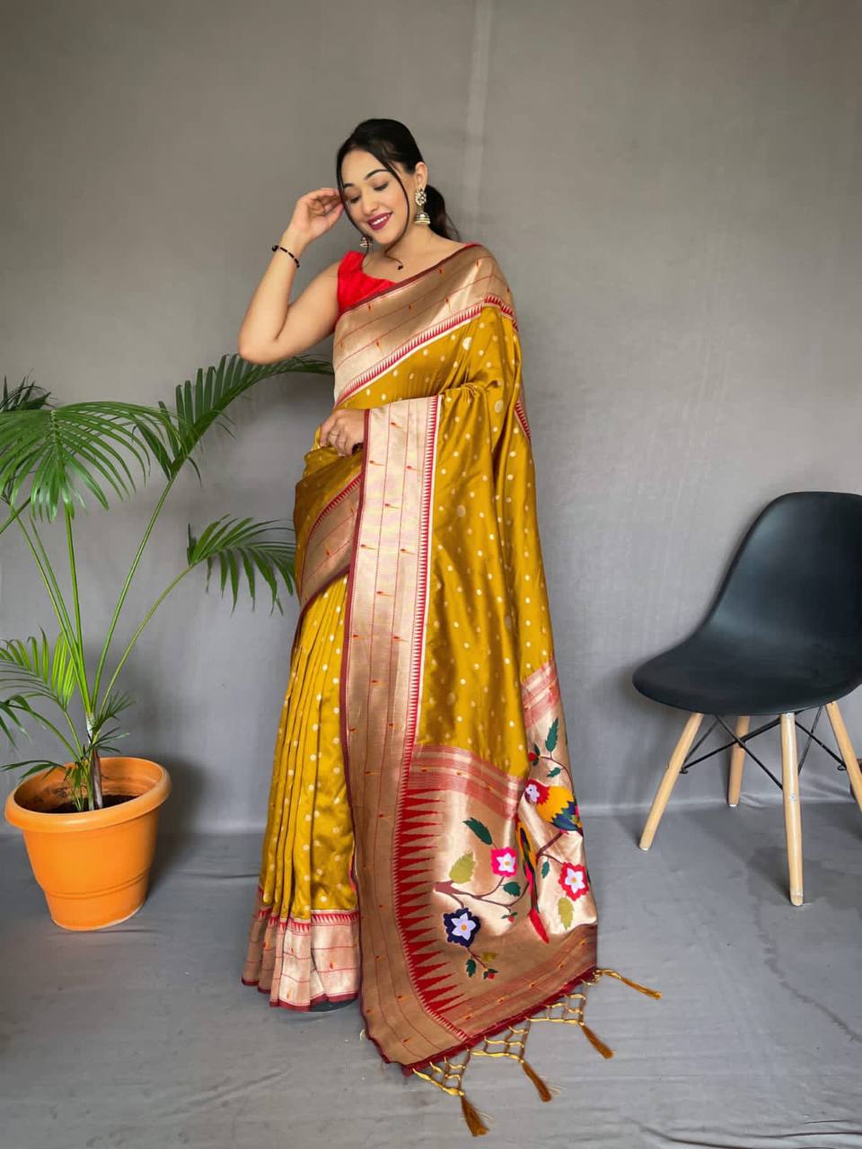 Mustard Yellow Pure Polka Paithani Silk Saree