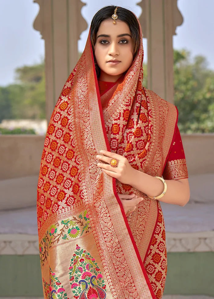 Red Soft Silk Bandhani Saree With Pure Jari Work