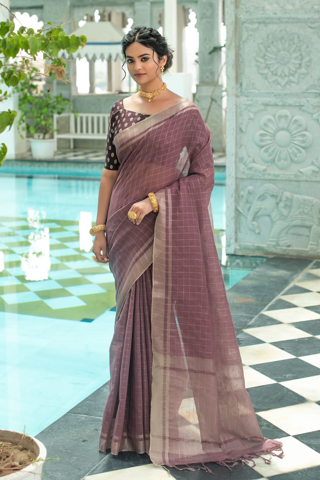 Wine Pure Linen Saree Katha Weaving