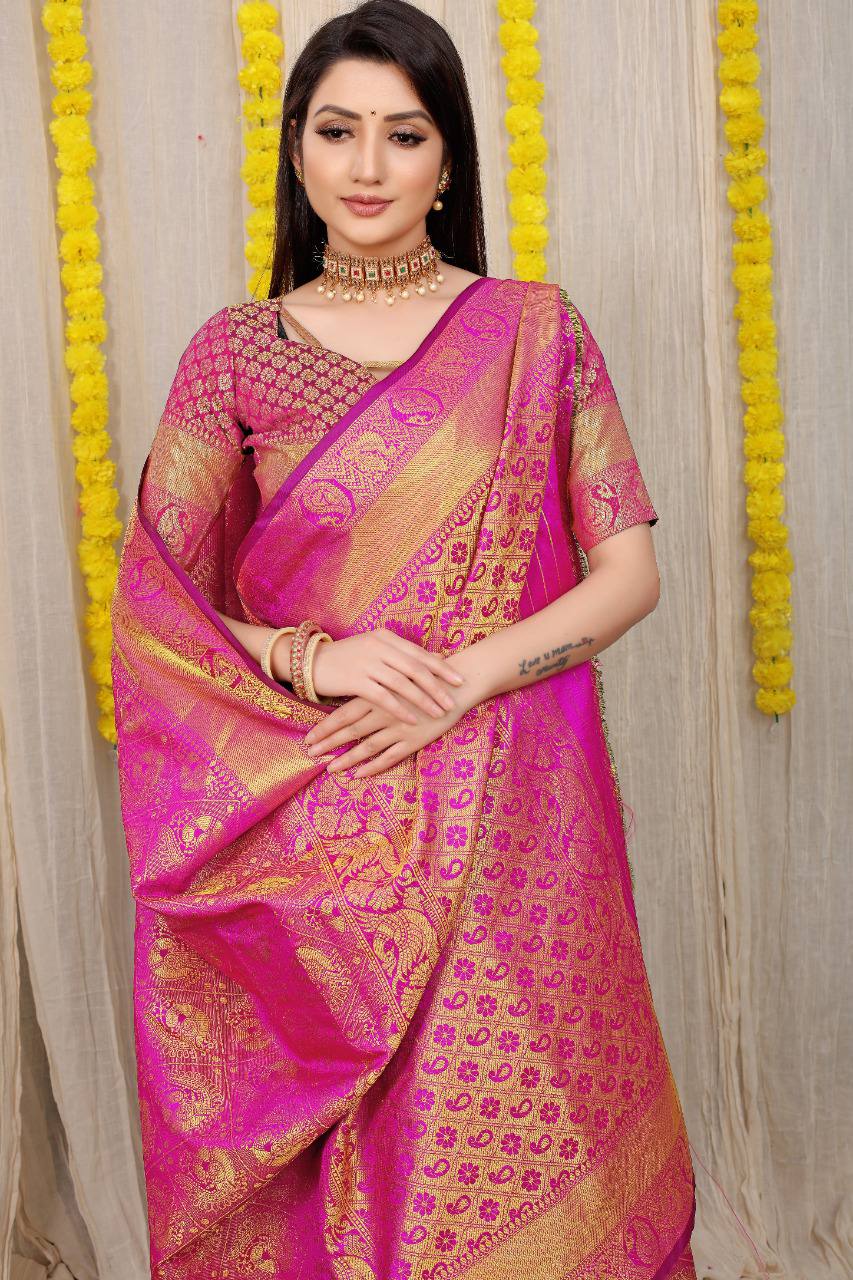 Beautiful Pink Lichi Silk Saree With Golden Weaving Work