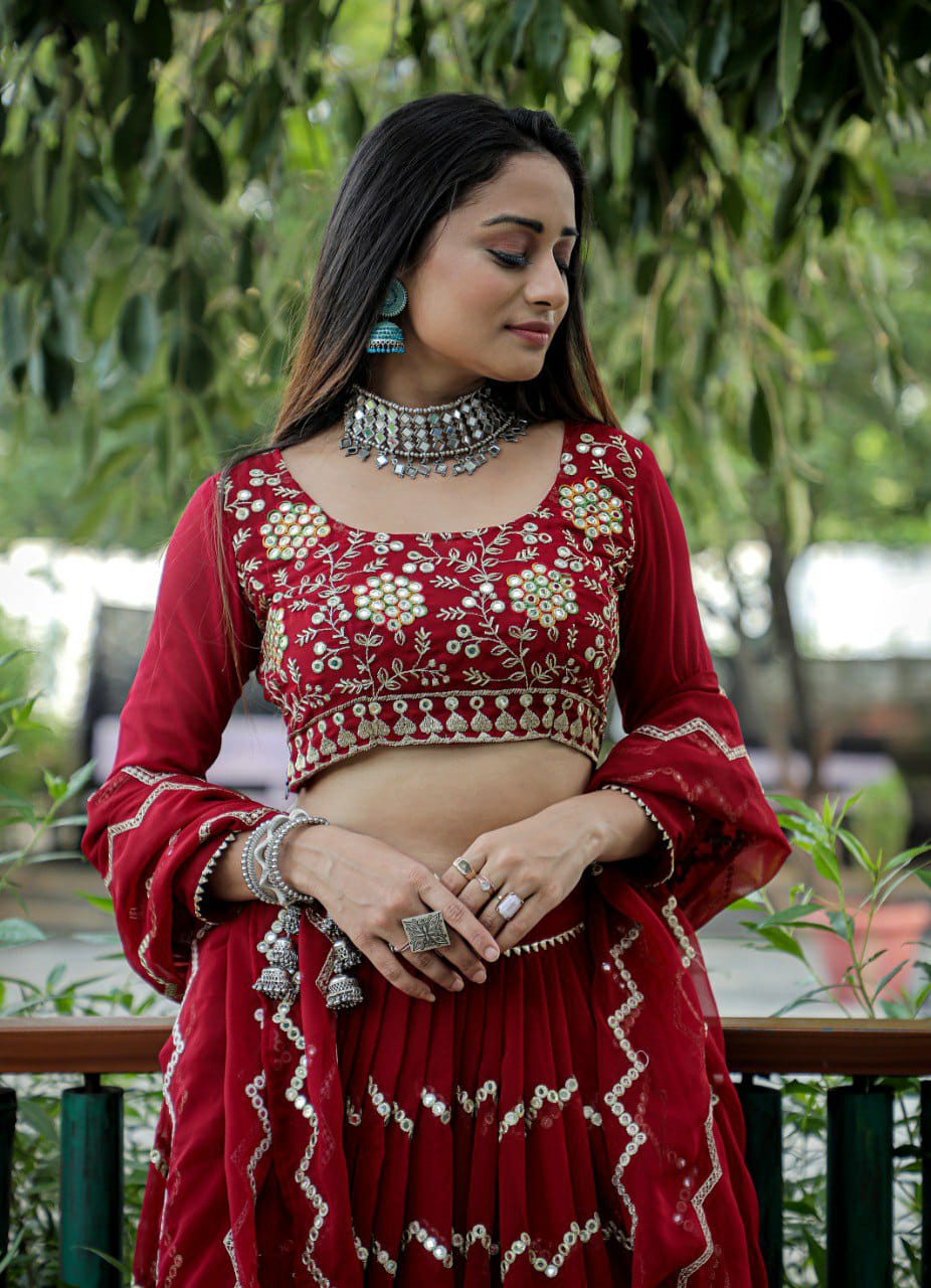 Maroon Embroidered Faux Georgette Party Wear Lehenga Choli