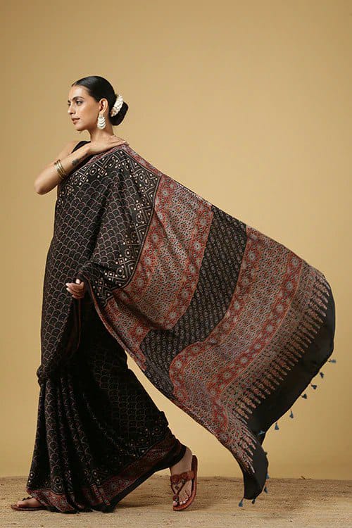 Black Ajarakh Digital Print Muslin Fabric Saree With Rich Glaze .