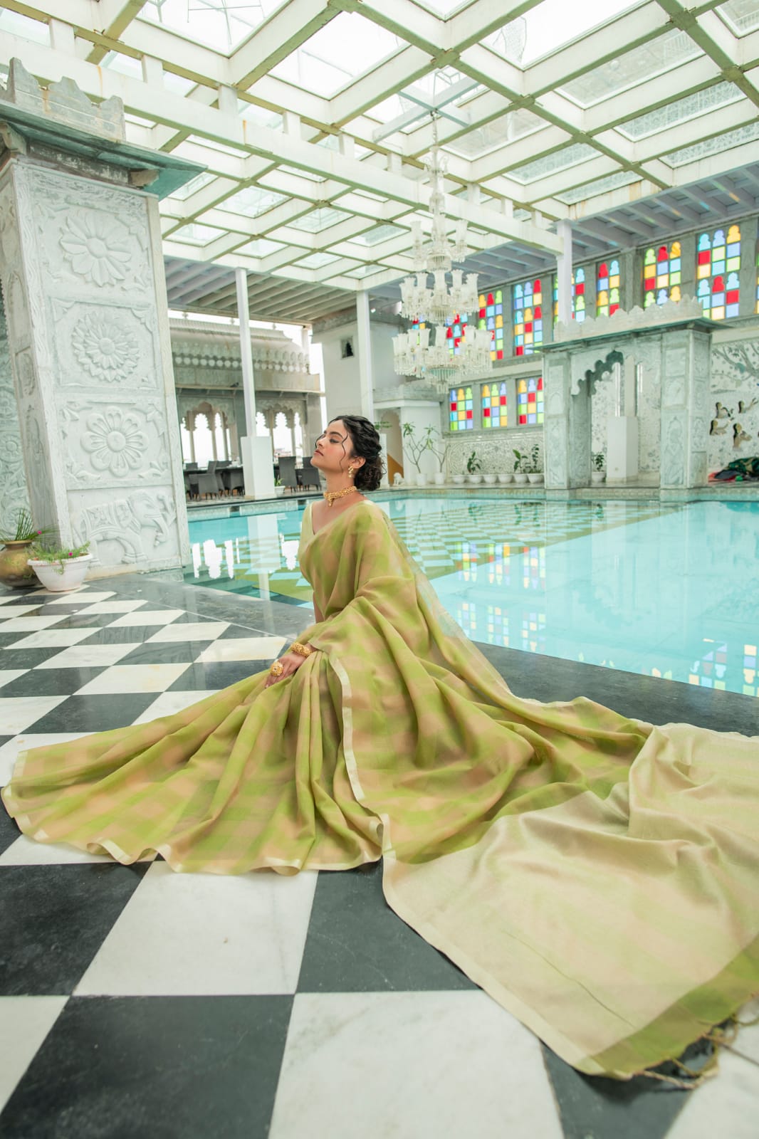 Green Pure Linen Saree Katha Weaving