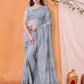 Grey Georgette Embroidered Work Saree With Piping Border