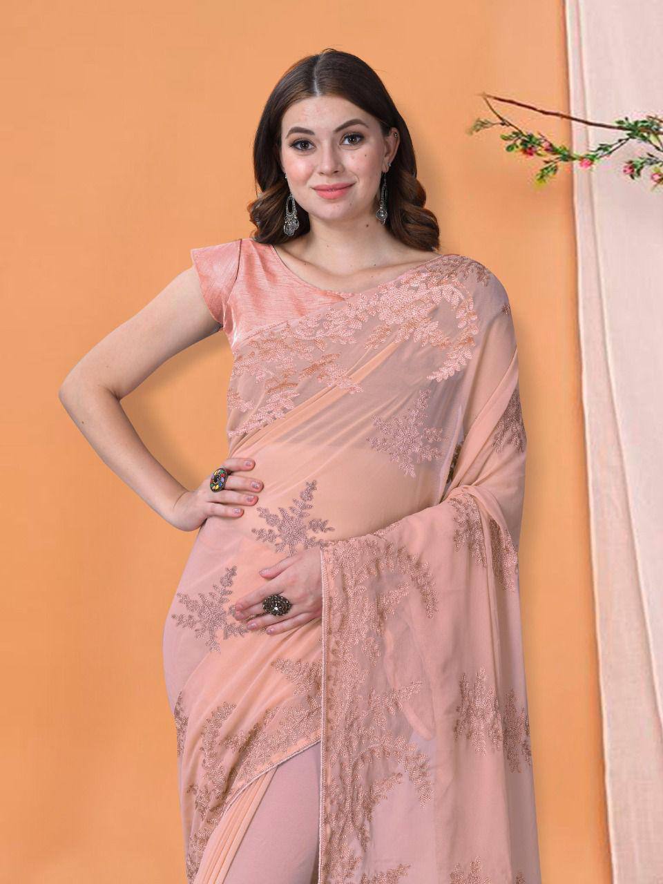 Peach Georgette Embroidered Work Saree With Piping Border