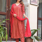 Red Beautiful Foil Capsul Printed Aliacut Embroidery Kurti Set