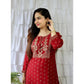 Heavy Red Reyon Kurti Pent With Gold Print And Embriodry Work