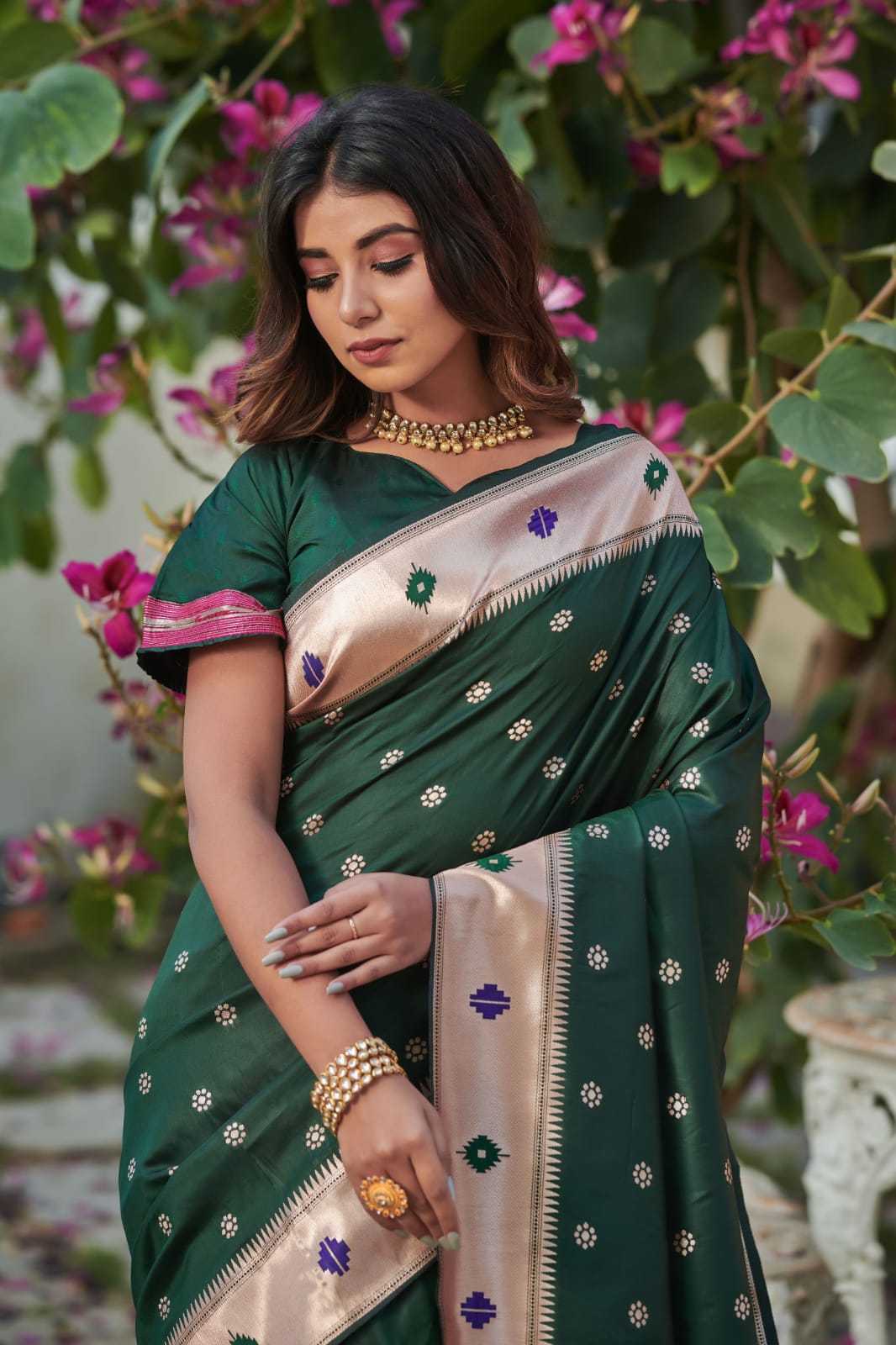 Green Banarasi Soft Silk Paithani Saree With Zari Border