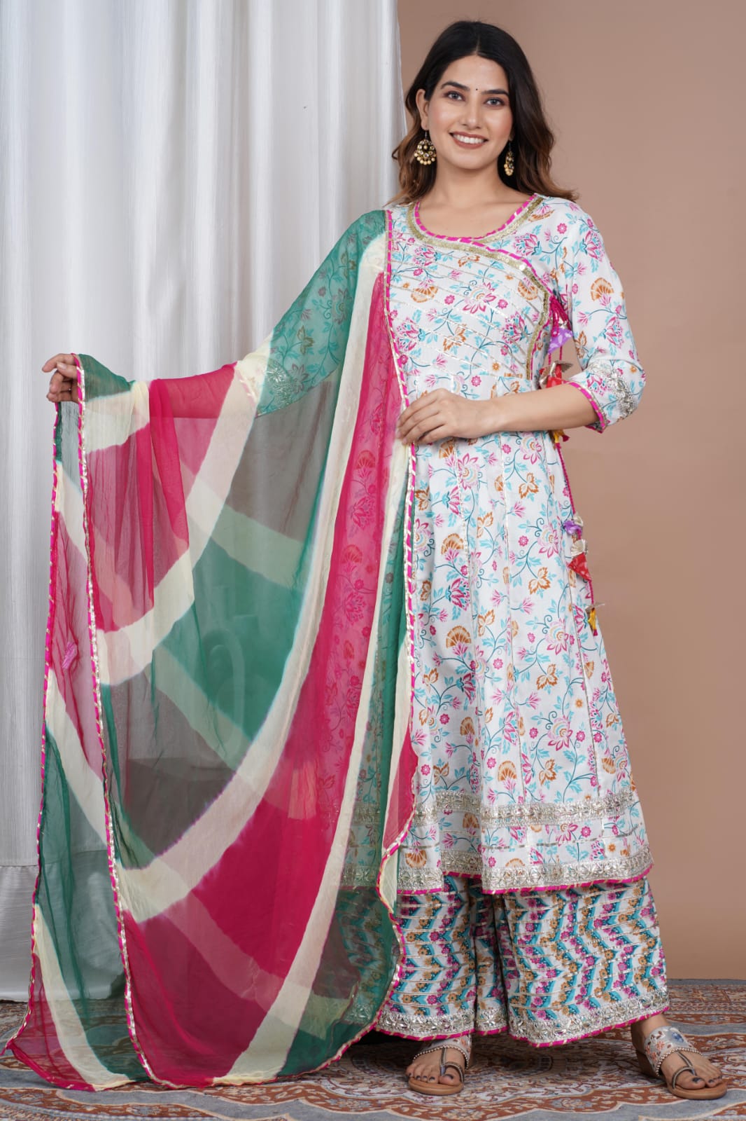 Pure Cotton Anarkali Kurti With Plazzo And Chiffon Dupatta