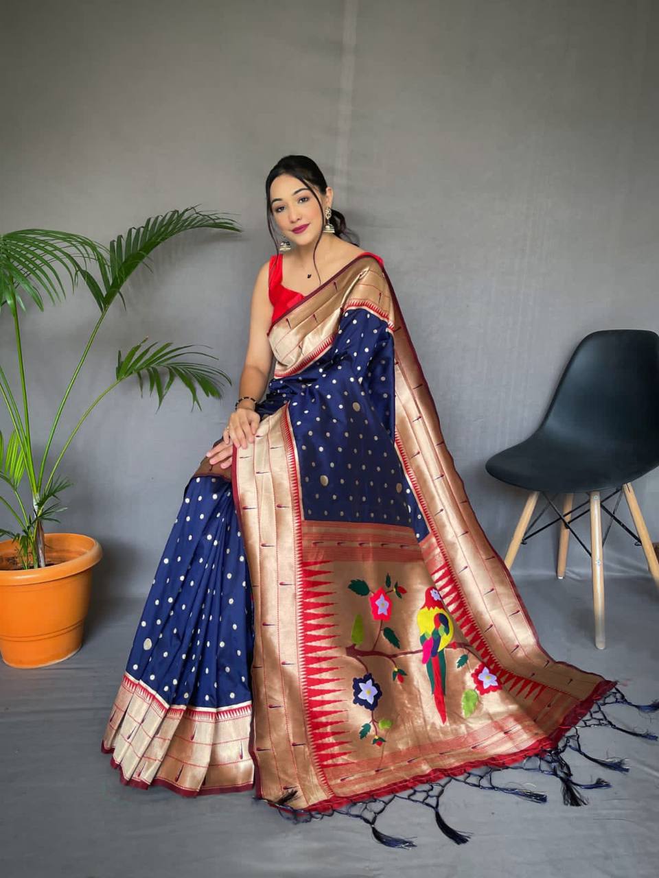 Navy Blue Pure Polka Paithani Silk Saree