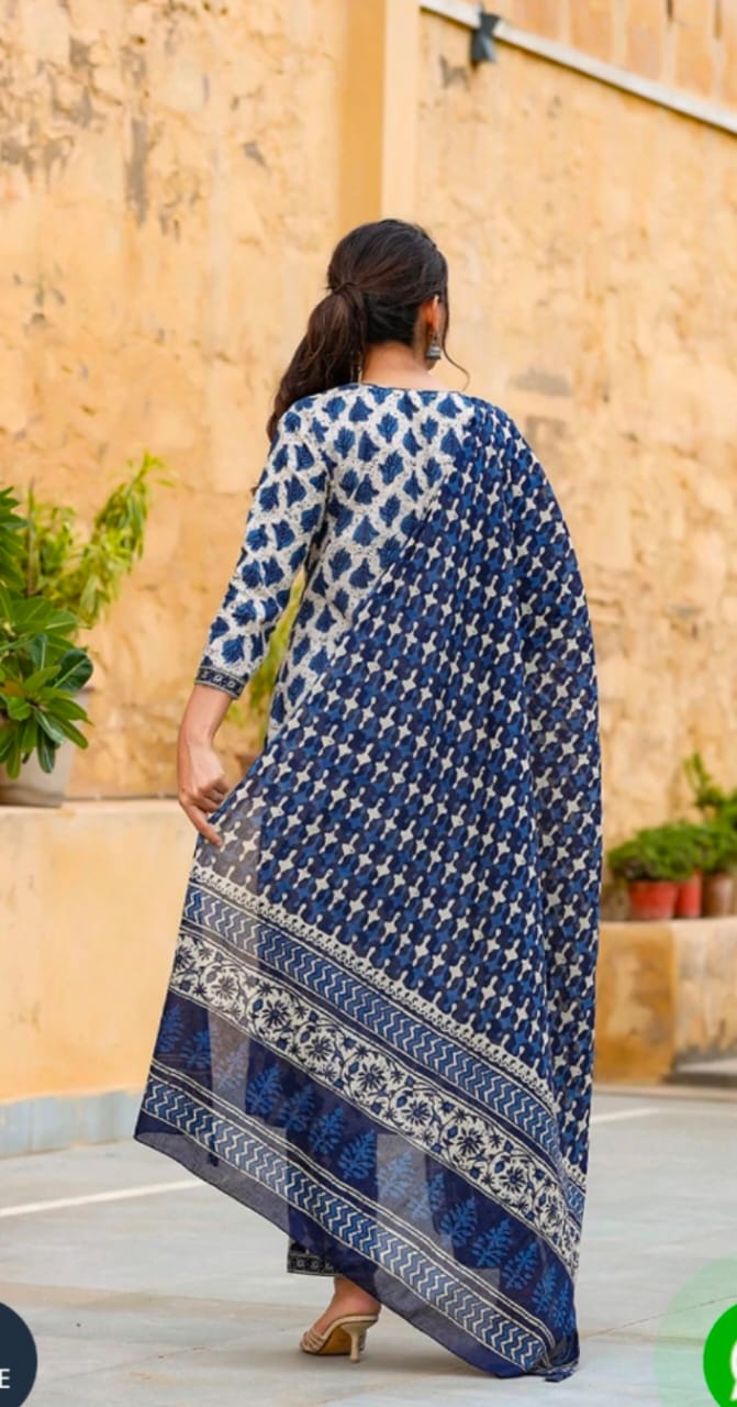 Cotton Suit Set In Indigo Printed Kurti Pant With Dupatta