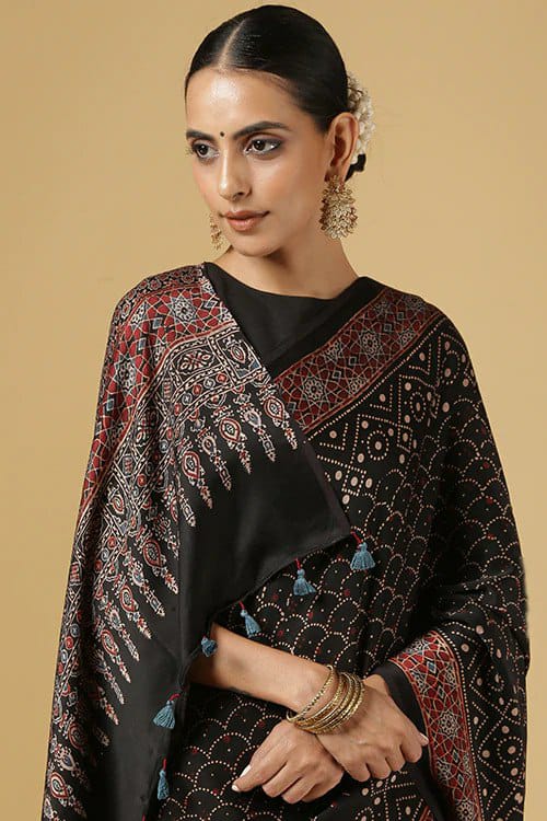 Black Ajarakh Digital Print Muslin Fabric Saree With Rich Glaze .
