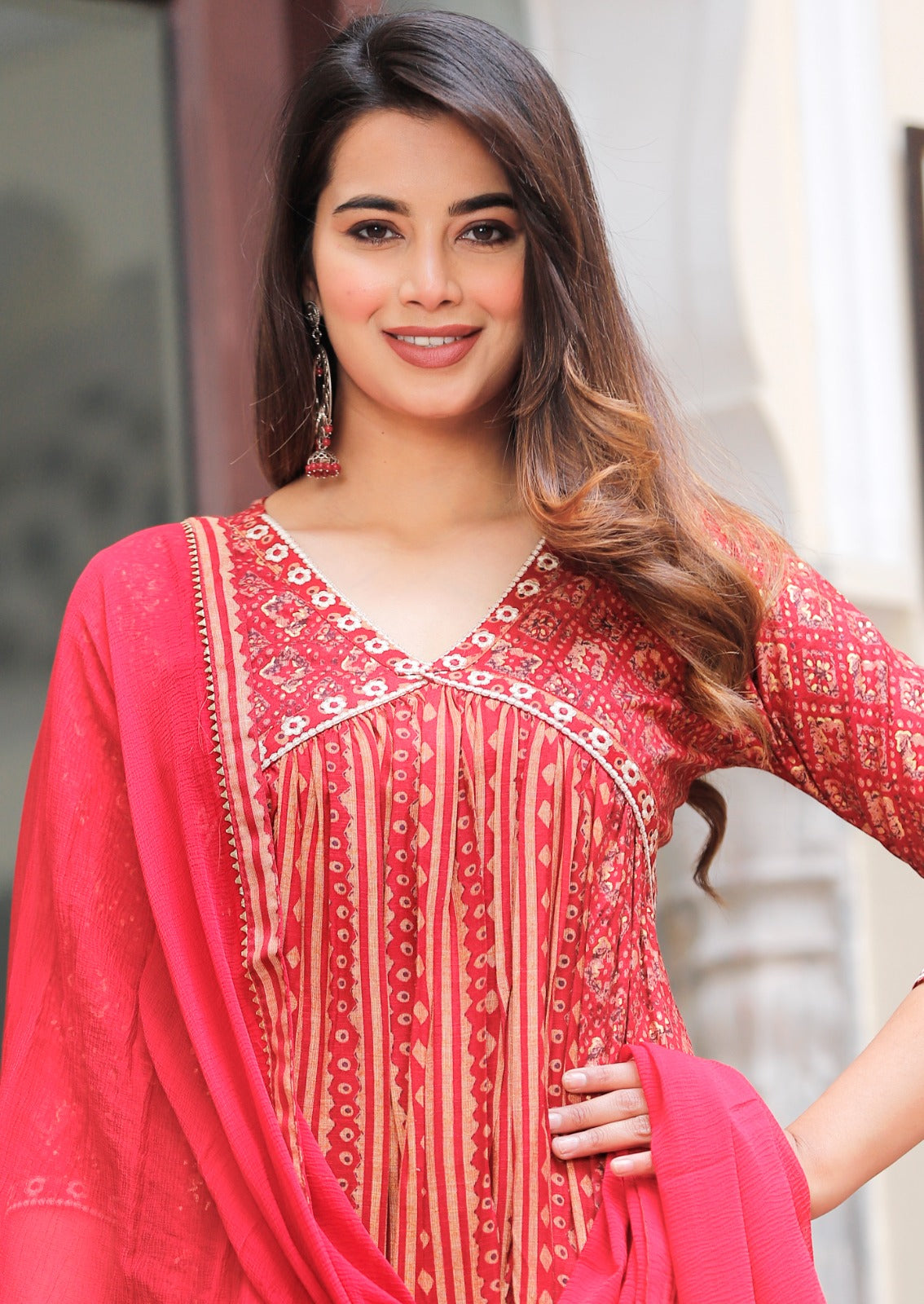 Red Beautiful Foil Capsul Printed Aliacut Embroidery Kurti Set