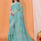 Blue Georgette Embroidered Work Saree With Piping Border
