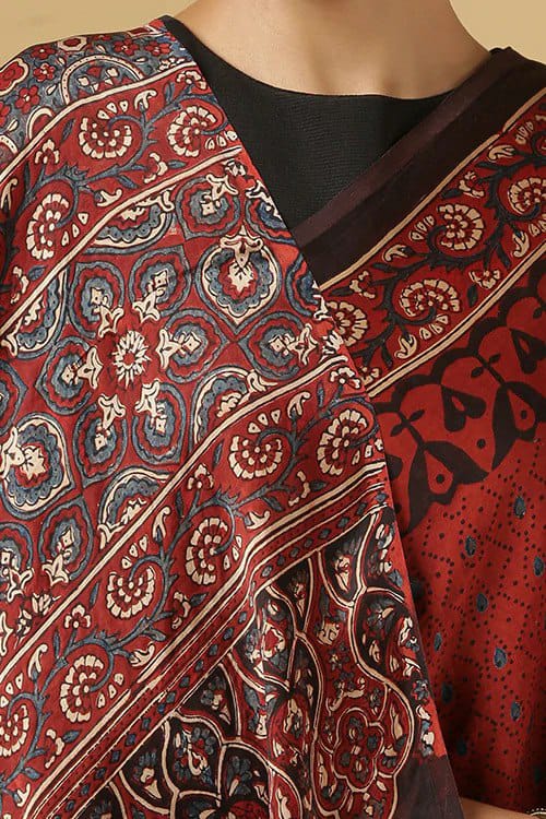 Red Ajarakh Digital Print Muslin Fabric Saree With Rich Glaze .