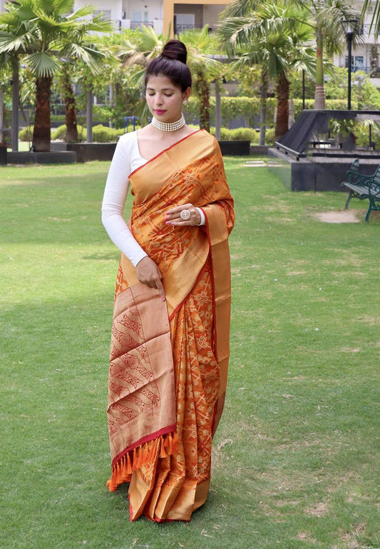 Yellow Bandhej Silk Saree With Weaving Gold Zari Border