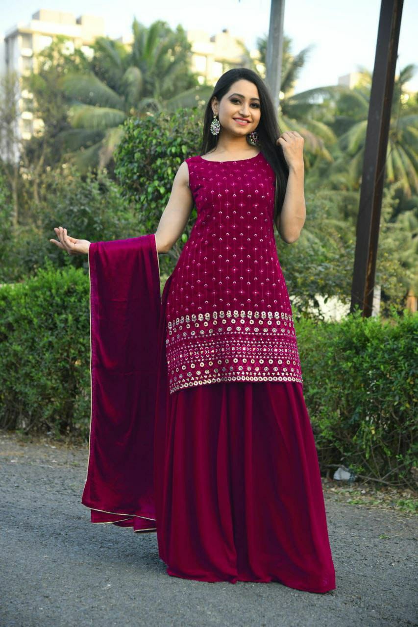 Beautiful Faux Georgette Red Top With Plazo and Dupatta