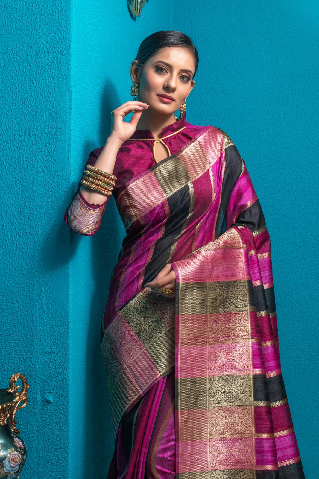Jamun Tussar Silk Saree with unique Bishnoi broad Border