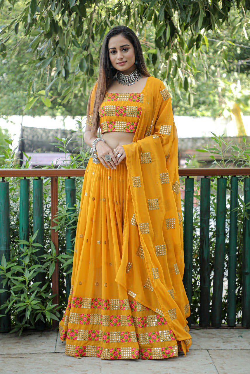 Mustered  Embroidered Faux Georgette Party Wear Lehenga Choli