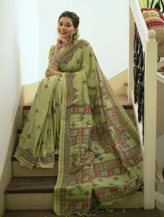 Parrot Tussar Silk Saree With Madhubani Print
