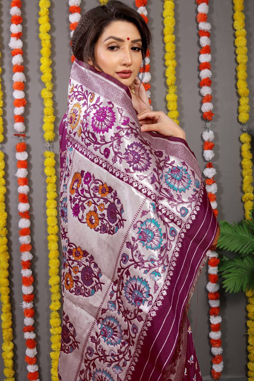 Beautiful Maroon Saree With Silk With Weaving Silver Zari