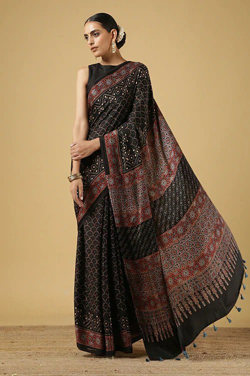 Black Ajarakh Digital Print Muslin Fabric Saree With Rich Glaze .