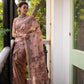Peach Tussar Silk Saree With Madhubani Print