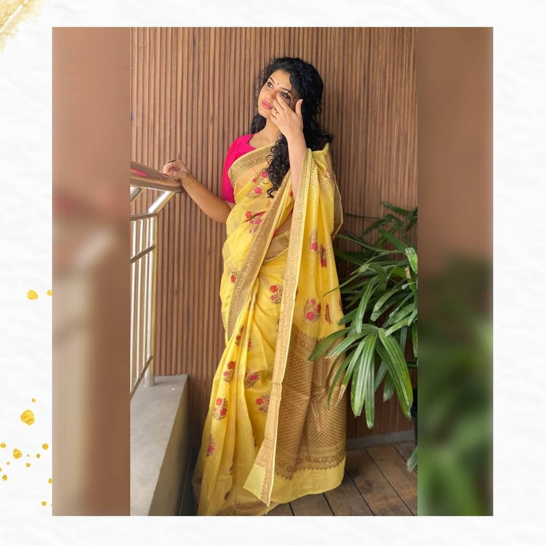 Yellow Flower Linen Silk Saree With All Over Motifs