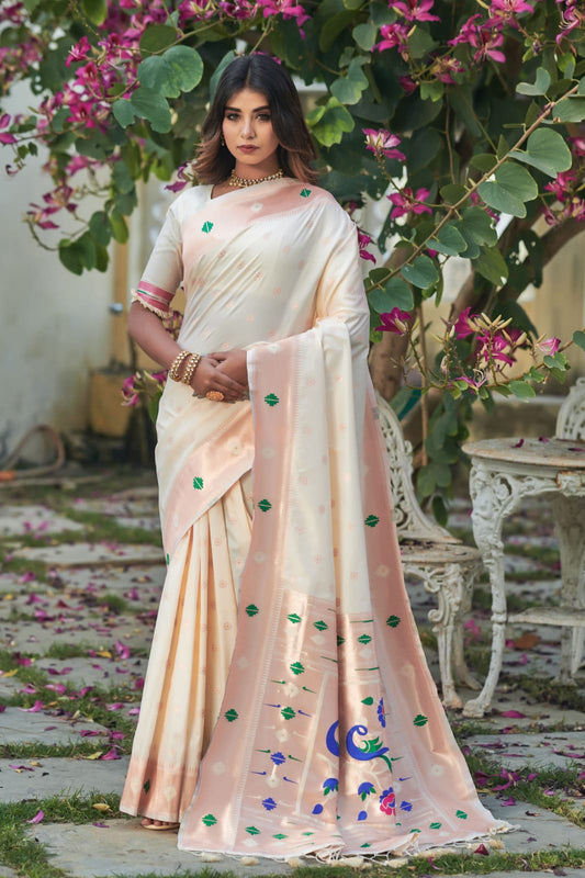 White Banarasi Soft Silk Paithani Saree With Zari Border
