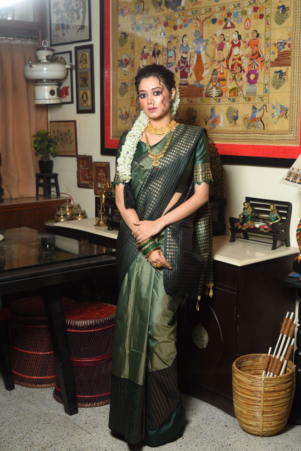 Dark Green Soft Silk Saree With Contrast Fancy Zari Weaves Border