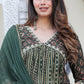 Green Beautiful Foil Capsul Printed Aliacut Embroidery Kurti Set