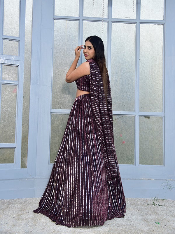 Wine Colour Embroidered Faux Georgette Party Wear Lehenga Choli