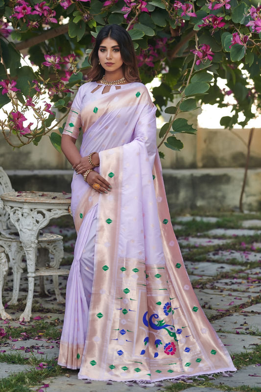 Lavender Banarasi Soft Silk Paithani Saree With Zari Border