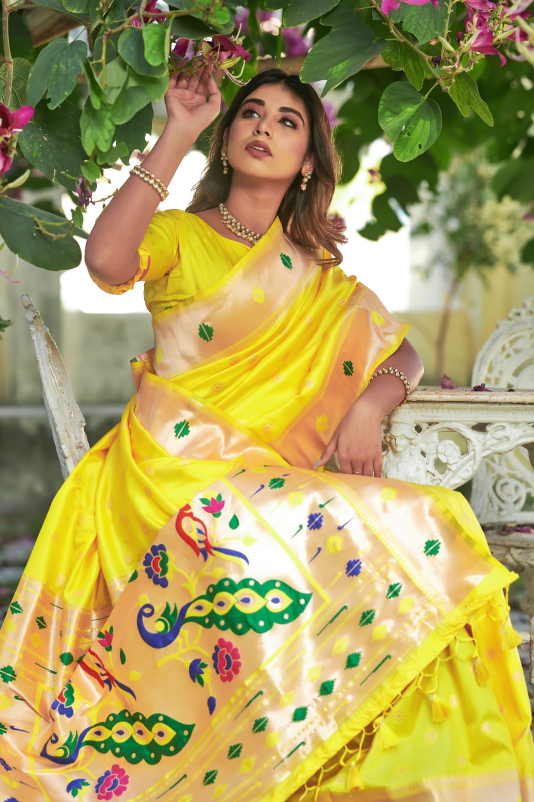 Lemon Banarasi Soft Silk Paithani Saree With Zari Border