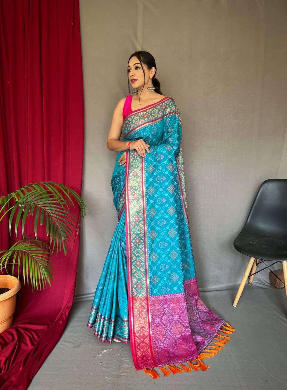 Sky Blue Soft Rangeen Patola Silk Saree