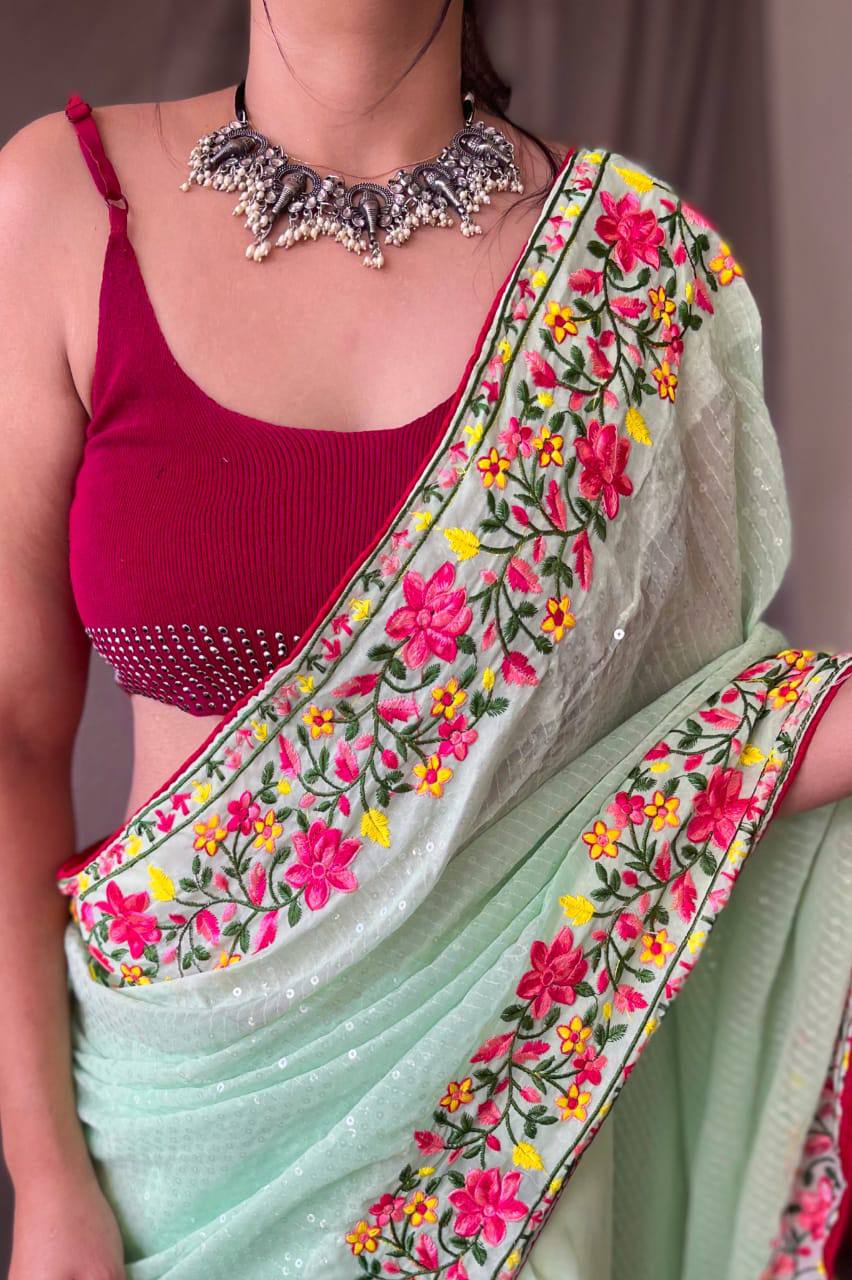 Green Pure Gorgate Saree With Sequence Work