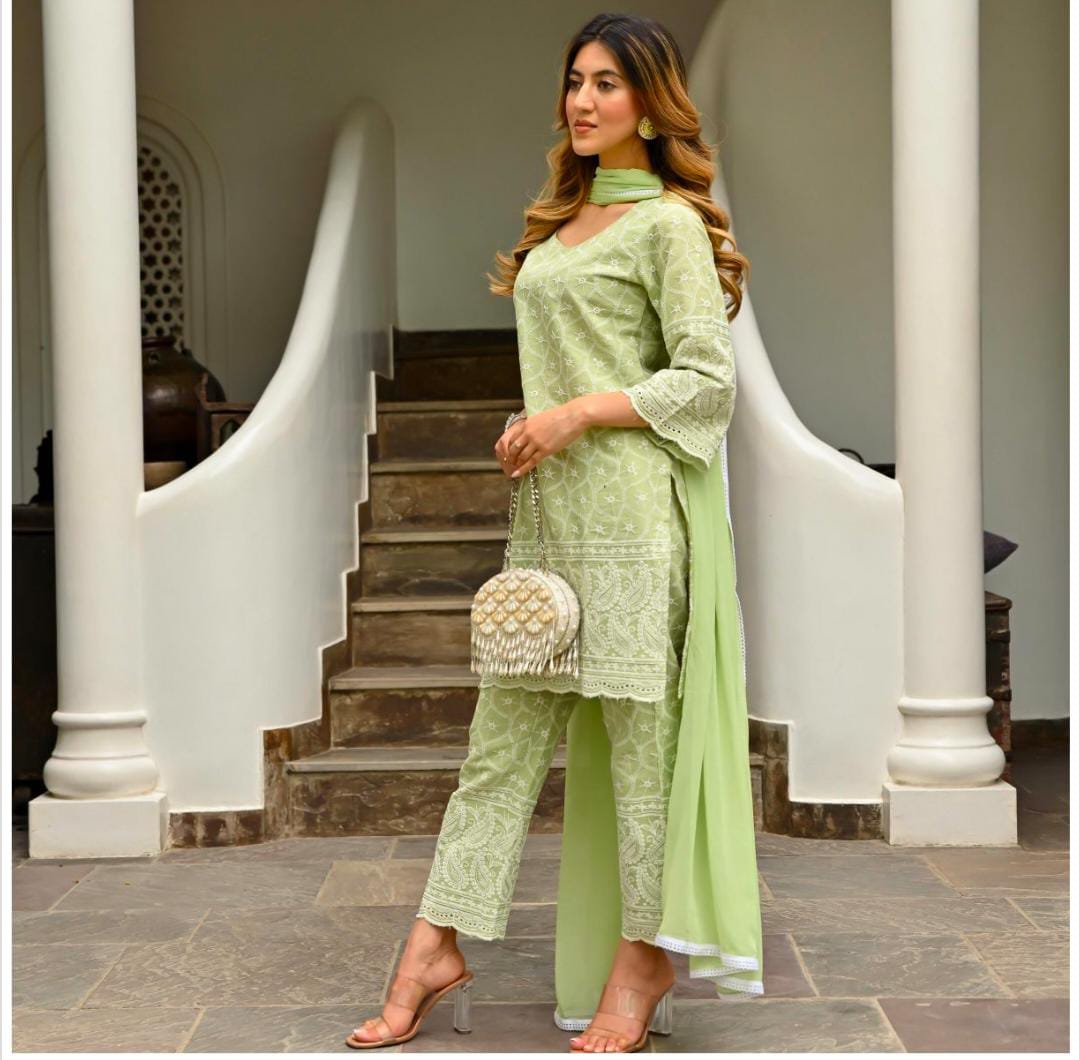 Green Chikenkari Embroidered  Kurta Set With Dupptta