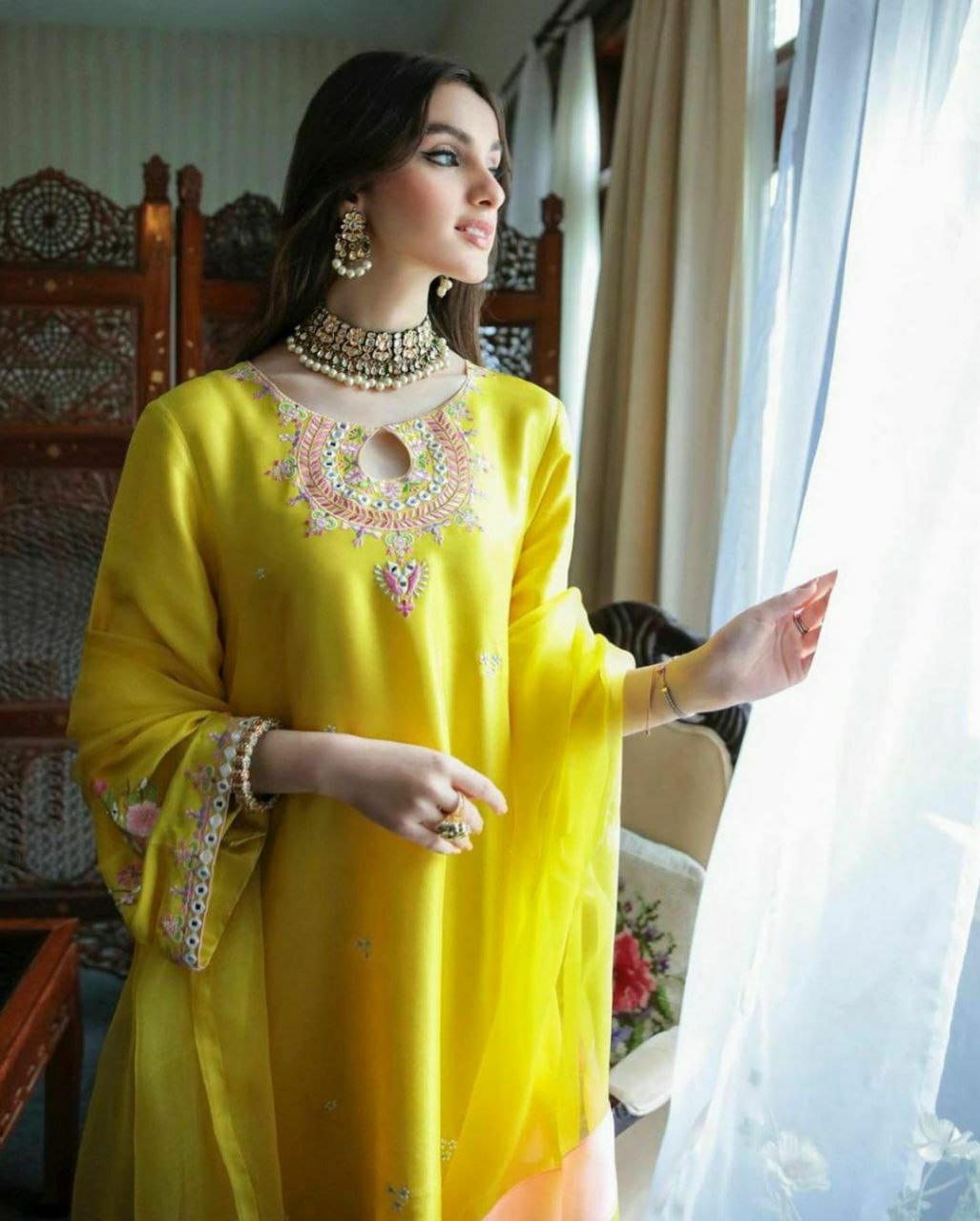 Gorgeous Yellow  Faux Georgette Top and Bottom With Dupatta