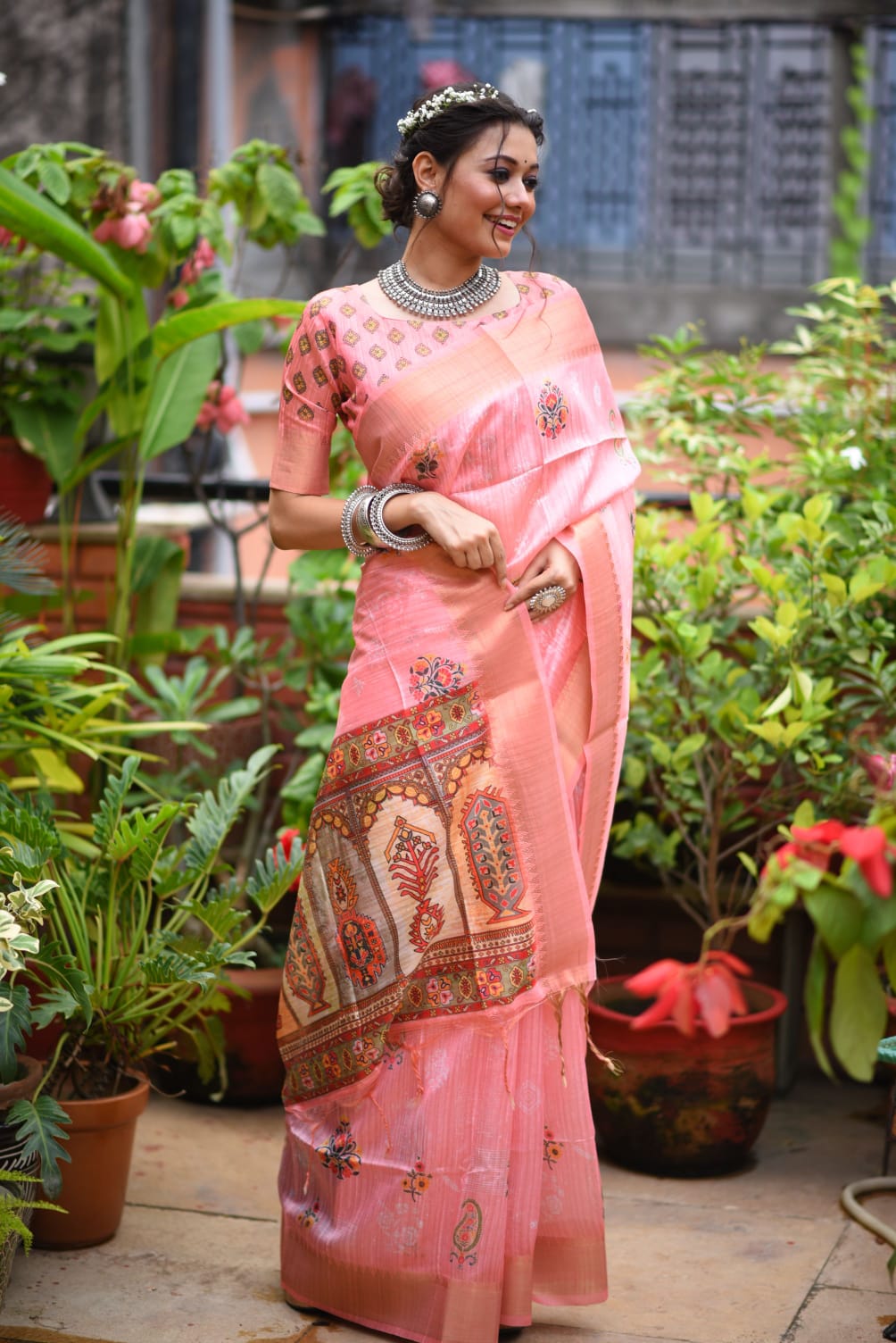 Pink Tussar Silk Saree With Unique Slub Weaving Pattern