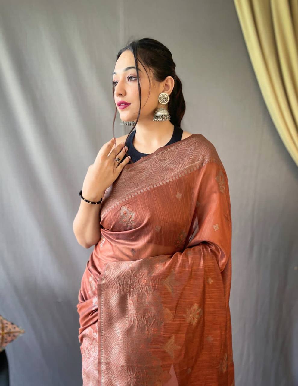 Brown Pure Linen Tissue Combination Saree