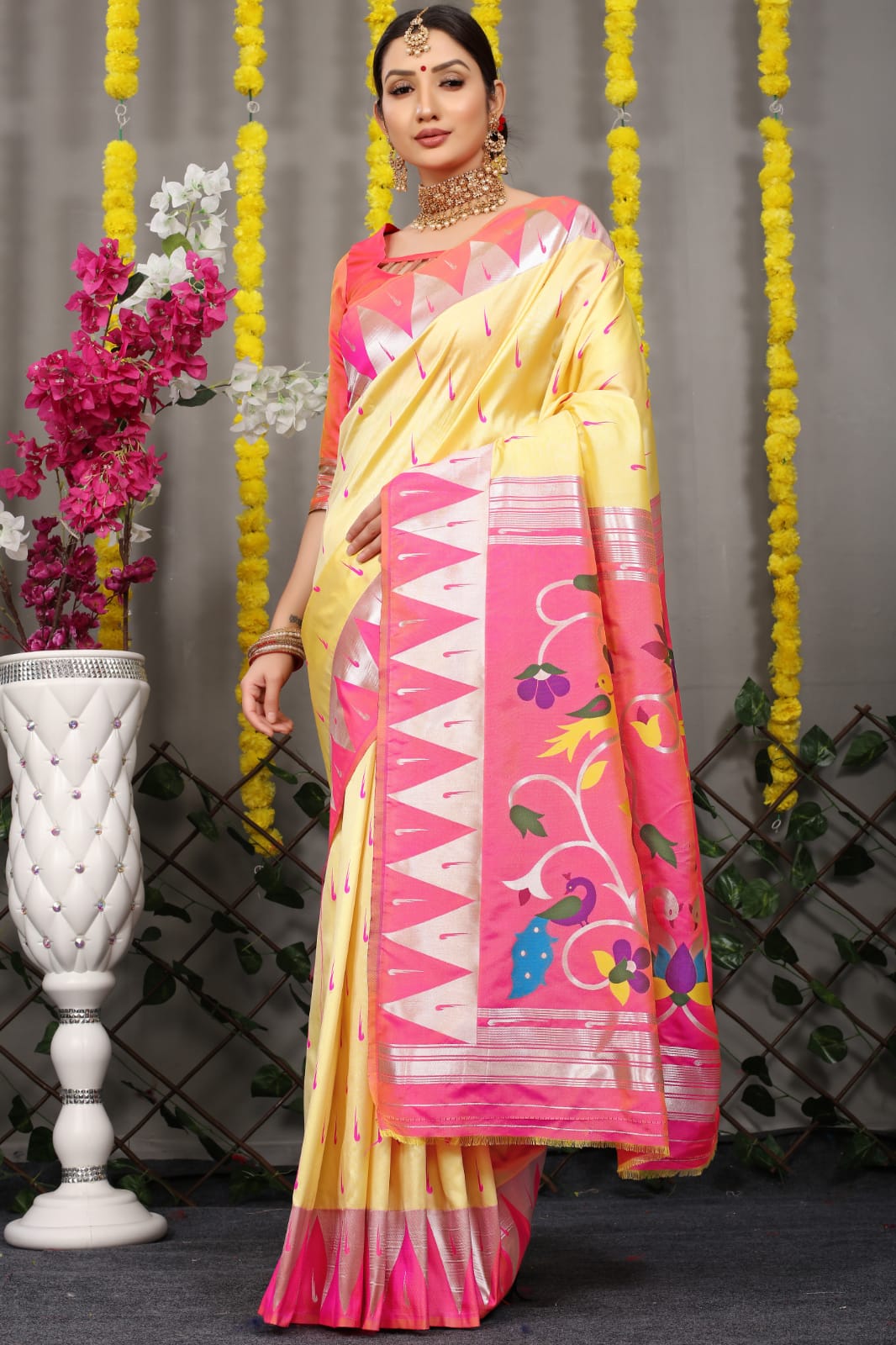 Beautiful Yellow Soft Silk Paithani Saree With Rich Pallu And Meenakari work