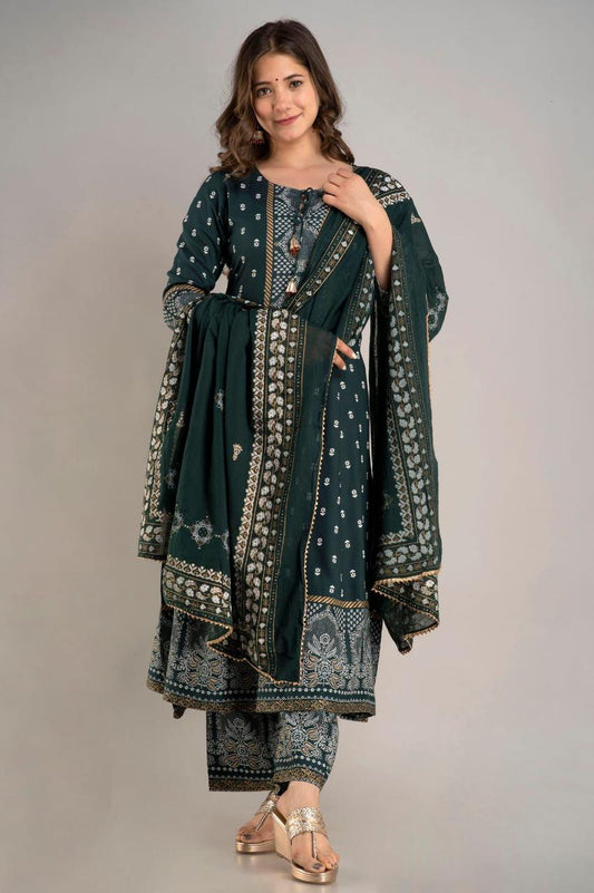 Beautiful Green Heavy Printed Anarkali Kurti With Palazzo And Dupatta