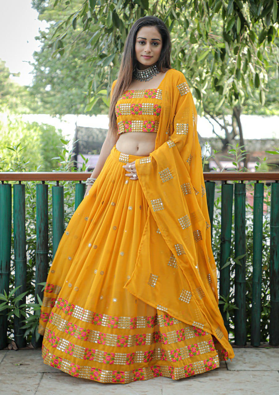 Mustered  Embroidered Faux Georgette Party Wear Lehenga Choli