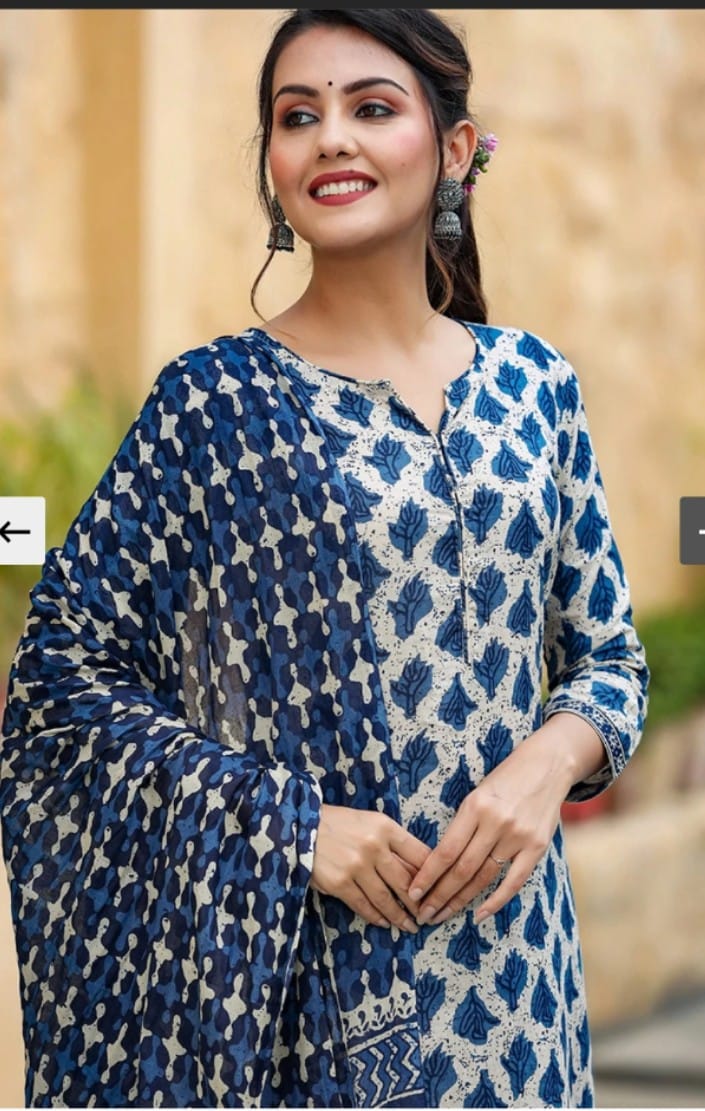 Cotton Suit Set In Indigo Printed Kurti Pant With Dupatta