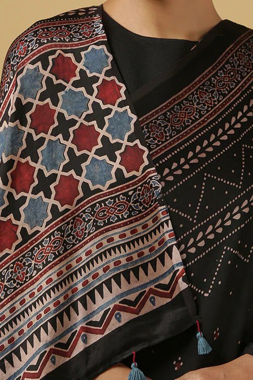 Black Ajarakh Digital Print Muslin Fabric Saree With Rich Glaze .