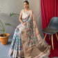 Grey Tusser Sarees With Kalamkari Prints All Over With Woven Temple Border