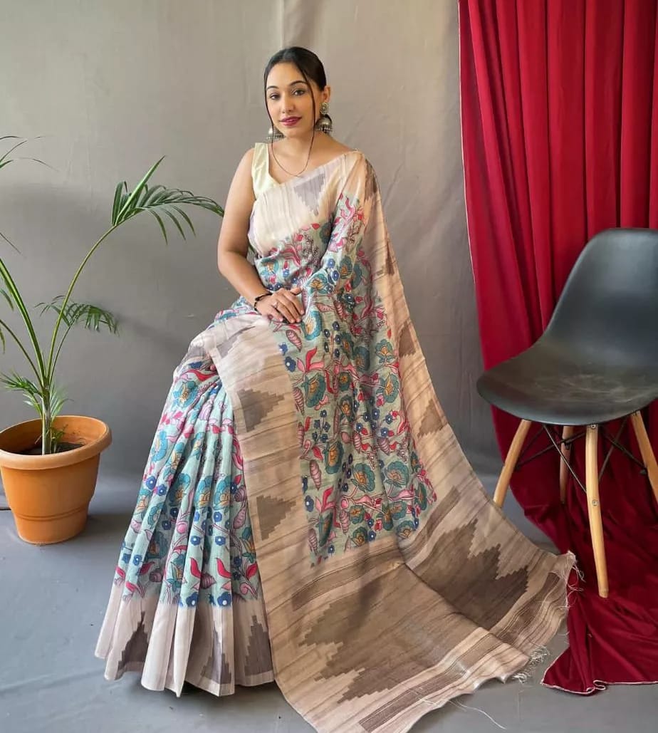 Grey Tusser Sarees With Kalamkari Prints All Over With Woven Temple Border