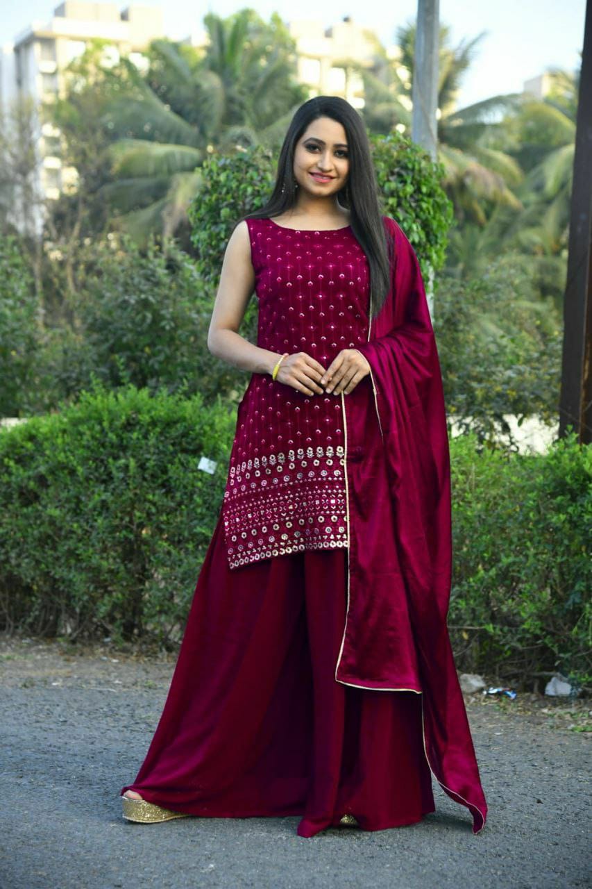 Beautiful Faux Georgette Red Top With Plazo and Dupatta